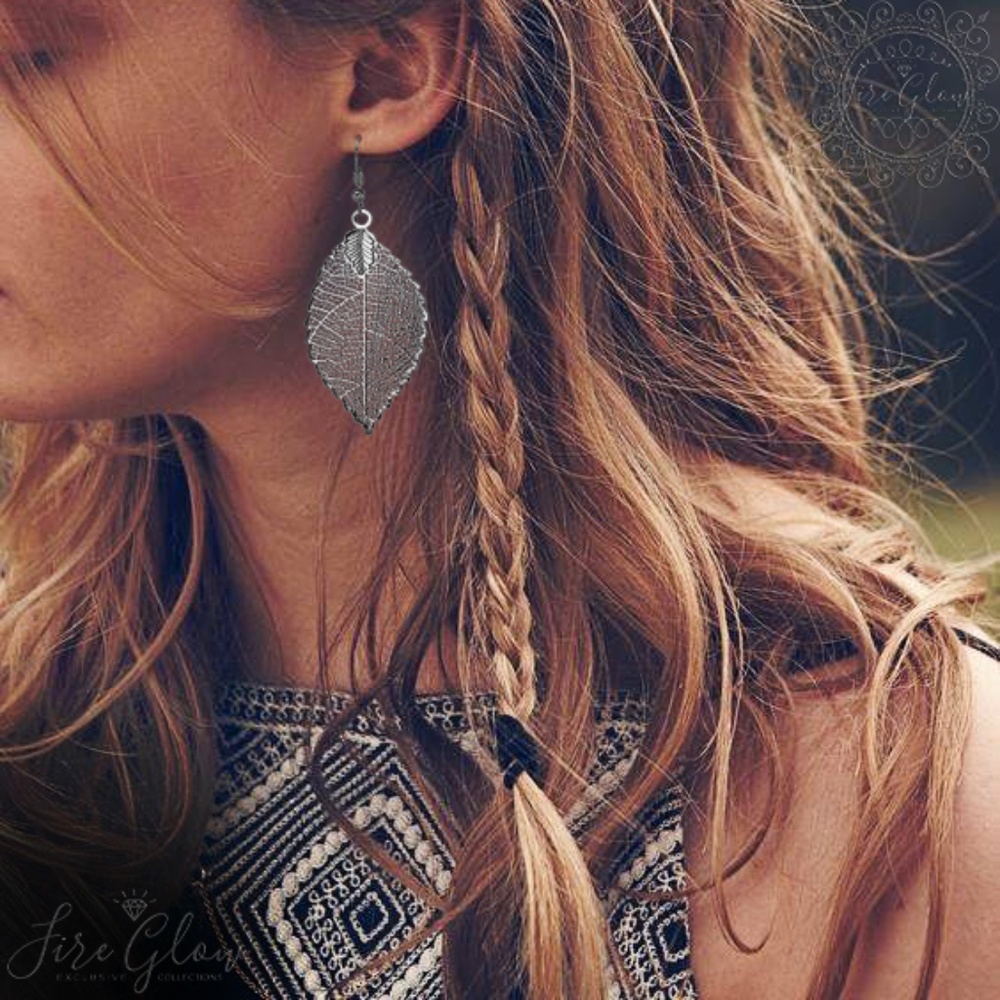 Boho Chic Polished Gunmetal Filigree Leaf Earrings